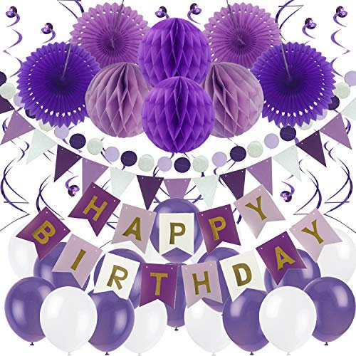 ZERODECO Geburtstag Dekoration, Happy Birthday Banner Wabenbälle und Fächerdekoration Papier Girlande Fächer Dreieckige Wimpel Spiral Girlanden und Luftballon - Violett, Lavendel und Weiß