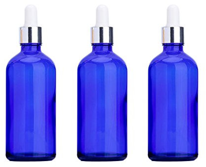 3PCS Blue Refill Empty Essential Oil Glass Vial Dropper Bottle Jars with White Rubber Cap Makeup Cosmetic Sample Storage Holder Container Pots for Perfume Aromatherapy DIY Beauty Tool(50ml/1.7oz)