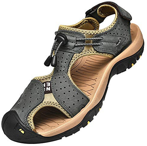 rismart Homme Bout Fermé Crochet&Boucle De Plein air Randonnée Cuir Chaussures Sandales SN1505(Gris Foncé,43 EU)