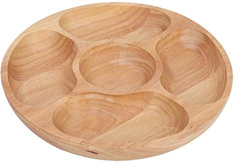 Wifehelper Solid Wooden Round Shape Food Divided Plate Dessert Snack Sub-Grid Dish Tableware Tray Compartment Cheese Platter(25cm)