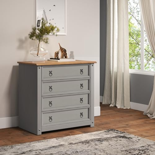 Corona Solid Wood Pine Grey Painted Wax Small 4 Drawer Chest Wooden Bedroom Storage Unit Mexican Style Mercers Furniture 73cm High 80cm Wide 41cm Deep