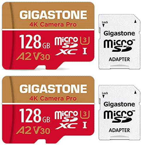 [5 Jahre kostenlose Datenwiederherstellung] GIGASTONE Speicherkarte 128GB 2PK,Kamera,GoPro Switch,Speed 100 MB/s.A2 V30 MicroSDXC-Karte mit SD-Adapter