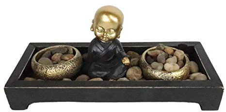 Ebros Meditating Baby Buddha Monk Shakyamuni by Twin Gold Barrels Tea Light Votive Candle Holder with Rock Pebbles Zen Garden Figurine Buddhism Amitabha Candleholder Zen Home