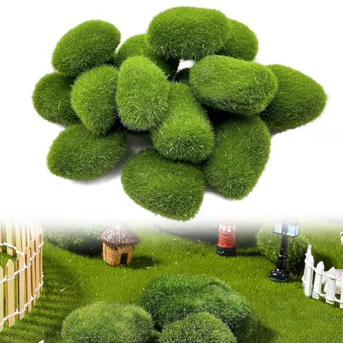 SwirlColor 16Stück Künstliche Moossteine Mooskugeln Deko Steine für Garten Blumentopf, DREI Größe