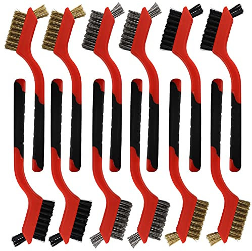 ZEAYEA 12 Pcs Wire Brush Set, 7 Inch Nylon/ Brass/ Stainless Steel Bristles with Curved Handle and Extra Cluster of Bristles for Rust, Dirt, Paint Scrubbing with Deep Cleaning