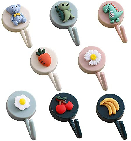 NUYYR Haken Dekorative, 8Stucks Kinder Handtuchhaken, Kinder Selbstklebende Haken, Nagelfreie Haken, Selbstklebende Haken Dekorative, für Handtuch Kleider Schal Tasche Hut, Schwarz, Beige, Gelb, Grau