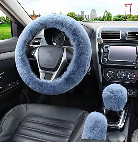 Weiche Plüsch Auto Lenkradhülle,MoreChioce Komfortable Auto Lenkradbezug Winter Schaltknauf Schutzhülle Warm Handbremse Abdeckung Lenkradschoner Set für Lenkraddurchmesser 37cm bis 40cm,Grau