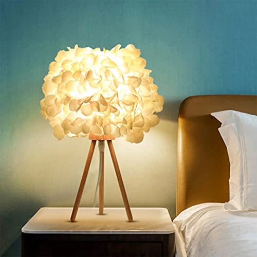Weiße Seidenblume Nachttischlampe Blumen Tischleuchte mit Dreieck Holzsockel Tischlampenschirm für Wohnzimmer, Schlafzimmer, Heimtextilien
