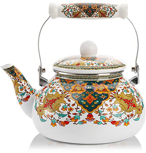 Lyellfe Vintage Enamel Tea Kettle, Decorative Floral Teapot with Porcelain Handle, 2.6 Quart Anti Rust Hot Water Kettle for Stovetop
