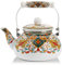 Lyellfe Vintage Enamel Tea Kettle, Decorative Floral Teapot with Porcelain Handle, 2.6 Quart Anti Rust Hot Water Kettle for Stovetop
