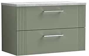 nuie DPF895LBG Deco Modern Bathroom Wall Hung 2 Drawer Part Fluted Vanity Basin Unit with Laminate Bellato Grey Worktop, 800mm, Satin Green