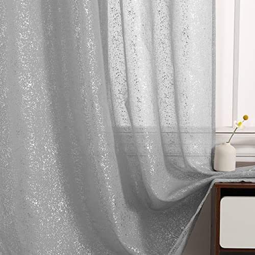 Kotile Voile Curtains for Bedroom - Metallic Silver Sparkle Net Curtains 54 Inch Drop, Rod Pocket Light Filtering Privacy Silver Gray Sheer Curtains, W66 x D54 Inch, 2 Panels, Gray