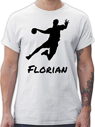 T-Shirt Herren - Geschenke Handball Zubehör - Handballer Silhouette mit Name - XXL - Weiß - personalisiertes Shirt von wm