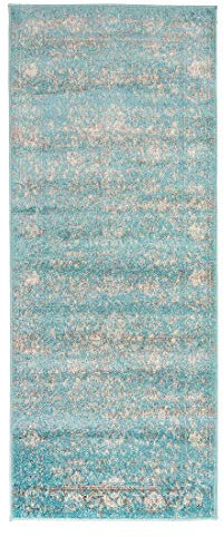Mazovia Läufer Teppich Flur - Vintage Teppichläufer - Kurzflor, Weich - für Vorzimmer Küche Korridor - Vintage Muster - ÖKO-TEX - Meterware - Used Look Vintage Optik 60 x 200 cm Türkis