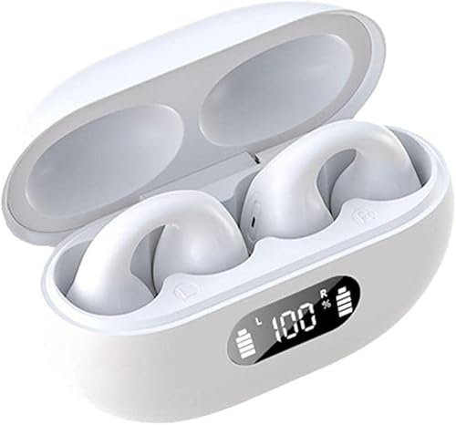 STFMHEZ Open Ear Kopfhörer, Ear Clip Knochenschall Kopfhörer Bluetooth 5.3 mit Mic Noise Cancelling, 28 Std Spielzeit, Dual LED Anzeige, IPX7 Wasserdicht für Joggen Laufen Radfahren Gym (Weiß)