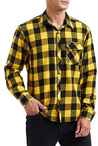 HISDERN Mens Checked Flannel Shirts Long Sleeve Casual Plaid Shirt for Men Lumberjack Shirts Button Down Regular Fit Yellow L