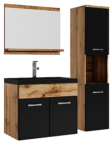 Badplaats B.V. Meuble de Salle de Bain Montreal 60 cm lavabo Noir - Chene avec Noir Mat - Armoire de Rangement Meuble lavabo evier Meubles