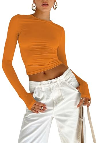 OYIGELZ Long Sleeve Tops Women's Basic T-Shirt Long Sleeves Crop Top Y2K Slim Fit Casual Round Neck Tee Shirt Streetwear(Orange-b,S)