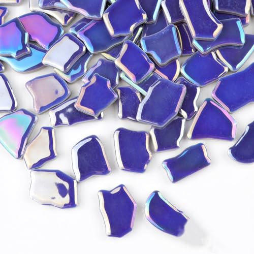 BTMIEY Unregelmäßige Keramik-Mosaikfliesen, 500 g, 2–4 cm, Mosaiksteine, Steine für DIY-Mosaikherstellung, Handwerk, Hobby, Kunst, Heimdekoration (schillerndes Marineblau)