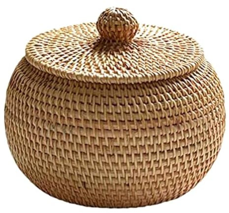 PAMENET Scatola rotonda in rattan intrecciata a mano, multifunzionale, vassoio da scrivania con coperchio, cestino portaoggetti per la casa