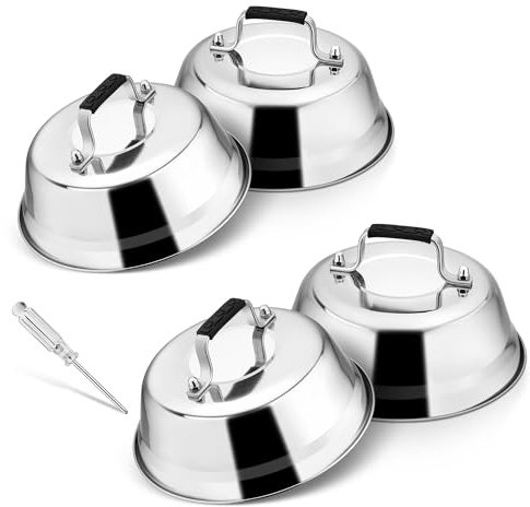 Joyfair Burgerglocke, 4 Stück Edelstahl Burger Glocke mit Gummigriff, Schmelzglocke mit Schraubenzieher für Grill, Steak, Käse, Teppanyaki, Außen & Innen, Schwerlast & Spülmaschinenfest - 16,8 x 6 cm