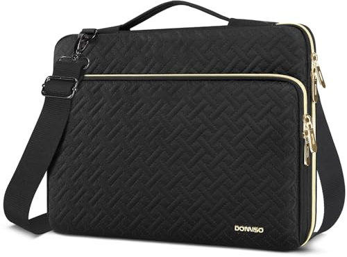 DOMISO 15,6 Zoll Laptop Hülle Notebook Tasche Wasserdicht mit Schultergurten und ausziehbarem Griff Wasserdicht Prägewerbe mit Goldenem Reißverschluss für HP, Dell, Asus Notebook,Schwarz
