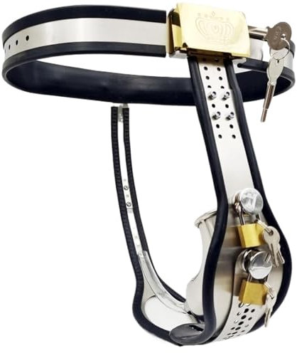 Edelstahl Einstellbare Keuschheitsgürtel Mann Metall Peniskäfig Herren Sklave Extrem Cock Cage mit Harnröhrenschlauch und Defäkationsloch Chastity Cage Keuschheit Höschen für Männer(Color:Schwarz,Size