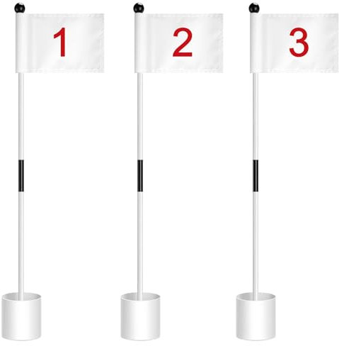 Hungdao Lot de 3 drapeaux de golf avec tasses pour pratique à mettre un drapeau vert, mât de golf, trou de golf, drapeaux de golf portables en nylon, mini bâtons de drapeau de golf 2 sections pour