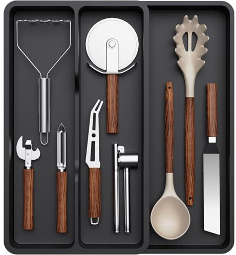 Lifewit Rangement Extensible 2 à 3 Compartiments, Range Couverts pour Tiroir, Organisation de Cuisine en Plastique, Separateur Tiroir pour Cuillères, Fourchettes, Couteaux, Noir