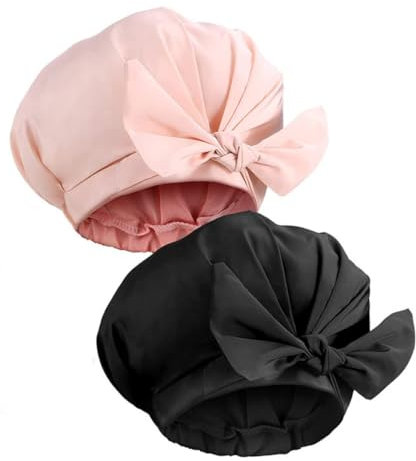 Shower Caps Silk Bonnet Adjustable Bow-knot Reusable Bath Hat for Women Spa Sleeping Black Pink 2 Pcs bow-knot sleep cap