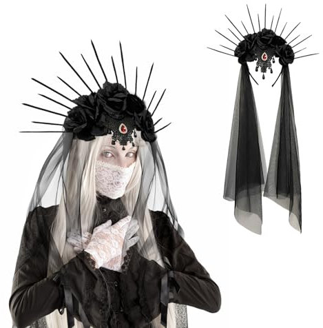 FairyPeach Schwarz Halloween Hexenhut, Gothic Brautschleier mit Rosen, Kostüm Zubehör, Hüte, Party Kostüm, Kopfschmuck, Haarreif, Accessoires für Karneval, Fasching Cosplay (Schwarz - Stirnband)