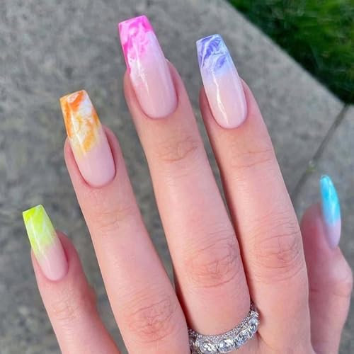 Long Coffin Press on Nails - 24PCS Colorful False Nails - Rainbow Color Blooming Design on Tip Stick on Nails - Glossy Full Cover False Nails with Glue Long Lasting DIY Manicure