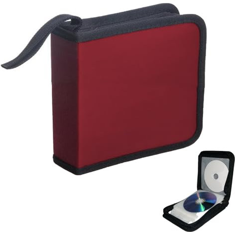 NUWIQ CD DVD Cases for Storage: Red CD Wallet with 40 Capacity Hard Plastic Sleeves for Discs - Portable Holder Carrying Albums and Games for Car Home Travel
