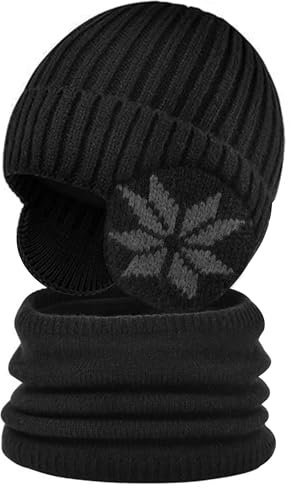Heveer Kinder Wintermütze Jungen Warme Strickmütze Loop Schal Set Gefüttert Ohrenschützer Hut 4-10 Jahre Schlupfmütze für Outdoor Schwarz