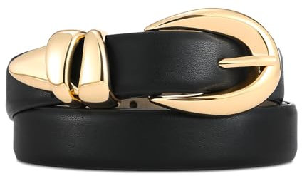 RISANTRY Schwarzer Ledergürtel für Damen, stilvolles Design mit goldfarbener Schnalle, schwarzer Gürtel, perfekt für Jeanskleider, Schwarz, M: Fit Waist Size 32-36