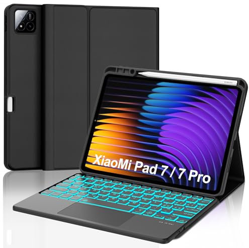 SENGBIRCH Custodia Tastiera per Xiaomi Pad 7/7 Pro 11,2 Pollici, 7 Colori Retroilluminati Cover Tastiera Bluetooth Staccabile con Trackpad per Xiaomi Pad 7/7 Pro 11,2, Nero
