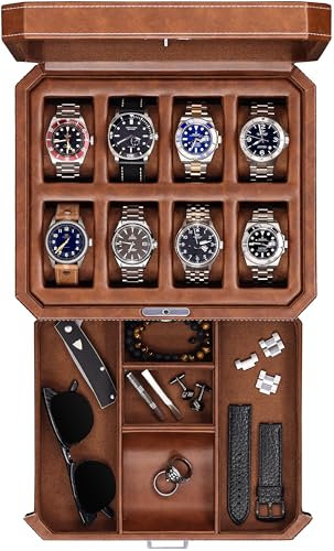 ROTHWELL Uhrenbox aus Leder mit 8 Schlitzen und Aufbewahrungsschublade – luxuriöser Schmuck-Organizer, verschließbare Vitrinen-Halter, Echtglas-Oberseite – Uhrenbox-Organizer für Damen und Herren
