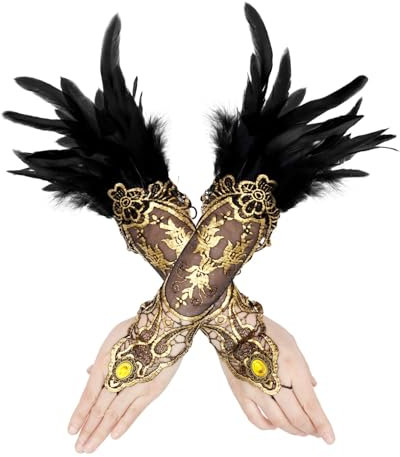 ZOCONE Spitzenhandschuhe Federn Schwarz Handschuhe Vintage Feder Spitze Fingerlose Handschuhe Black Swan Kostüm 20er Jahre Damen Federhandschuhe für Hochzeiten Halloween Kostümpartys