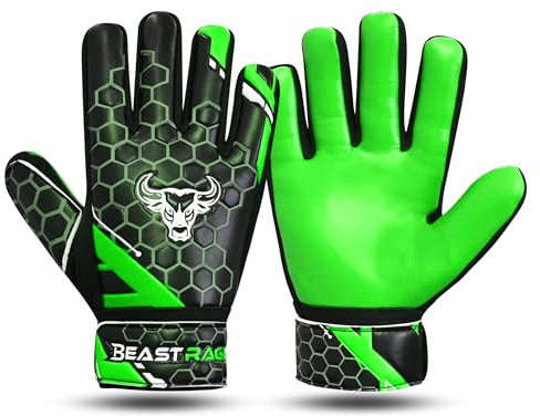 BEAST RAGE Fußball-Torwarthandschuhe für Jungen, Kinder, Jugendliche, Fußball-Torwarthandschuhe mit starkem Halt für die härtesten Einsparungen, Handgelenkstütze, 4 mm Latex-Handfläche (grün, Größe 3,