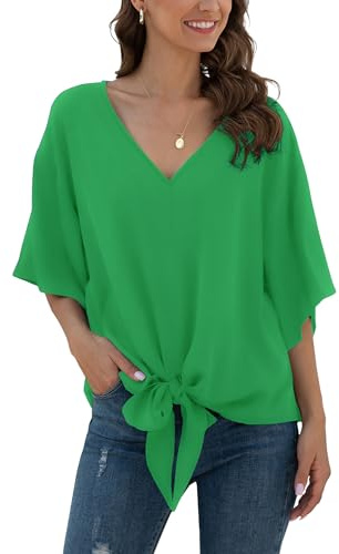 Anelune Ladies'Chiffon Blouses with V-Neck and Front tie Batwing Sleeves Short Sleeves Summer Tops and Shirts Bright Green