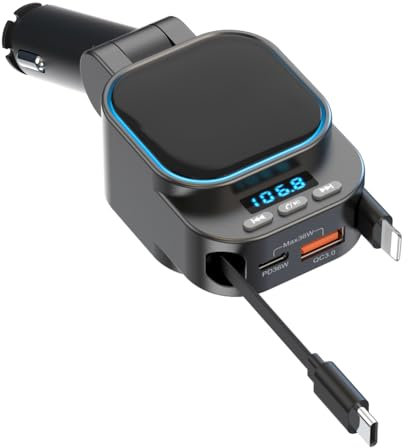 Cargador retráctil de coche de 96 W con adaptador de coche Bluetooth, carga rápida 4 en 1, transmisor de radio Bluetooth 5.3 FM, llamadas manos libres, adaptador de cargador de coche USB C para iPhone