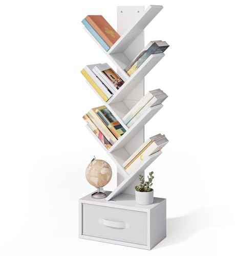 Xbro Libreria a forma di albero, libreria a 7 livelli, con cassetto in tessuto, albero CD, DVD, in legno, per soggiorno, camera da letto, ufficio, 38 x 19,5 x 113 cm, bianco