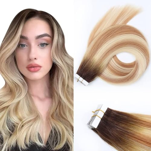 Unipearl Glatt Tape Extensions Echthaar,55cm 22Zoll 20Stück 50g Mischfarbe Invisible Skin Weft Haarverlängerung für Frauen Straight Tape in Extensions Echthaar