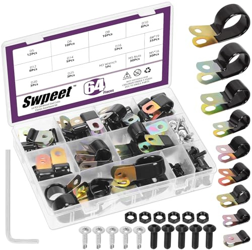 Swpeet 64Pcs 9 Size 5mm-25mm 1/4 Hole Vinyl Coated Cable Clamps Galvanized and 95Pcs Hex Screws Nuts Assortment Kit, Rubber Cushioned Insulated Clips, Metal Wire Clamps for Pipe Cables Wires