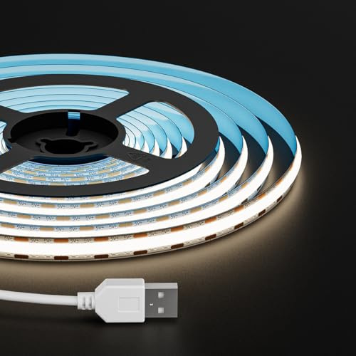 FCOB COB USB LED Streifen 1m 320LEDs/m Naturweiß 4000K Flexibel CRI90+ DC5V | IP30 Dimmbar hohe Dicht Uniform LED Band für TV Hintergrundbeleuchtung Kleiderschrank Home DIY Dekoration(ohne Dimmer)