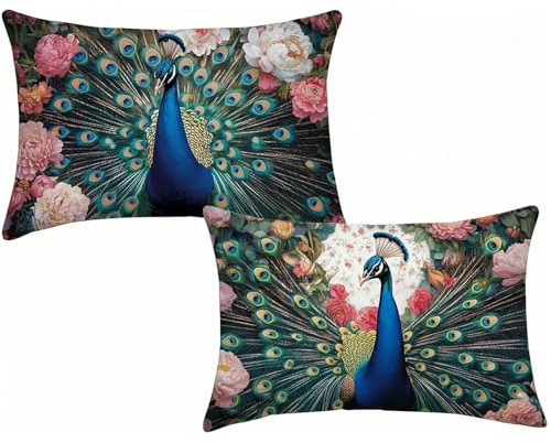 Kissenbezug 70x90 cm Outdoor Kissen Tier Sofakissen Outdoor wasserdichte Dekokissen Leinen Kissenhülle Pfau Kopfkissenbezug für Wohnzimmer Schlafzimmer Garten Sofa Couch Kissen Deko 2er Set E-6026
