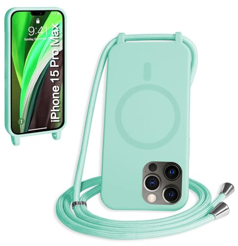 FMPCUON Crossbody Lanyard Case for iPhone 15 Pro Max,Wireless Charging Shell with Adjustable Neck Cord Lanyard Strap Stylish Shockproof Silicone,Mint green