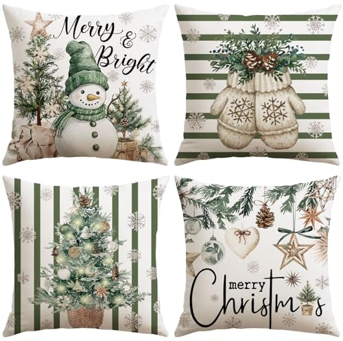 Sungeek 4er Set Weihnachten Kissenbezüge, Dekorative Zierkissenbezüge Kissenbezug Weihnachtsdeko Kissenhülle für Sofa Couch Schlafzimmer Wohnzimmer (40x40 cm, Schneemann Grün)