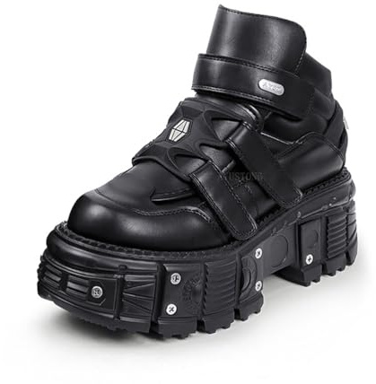 Stivali Goth a Piattaforma da Donna Punk con Lacci Neri, Stivali da Biker gotici Combattimento alla Caviglia