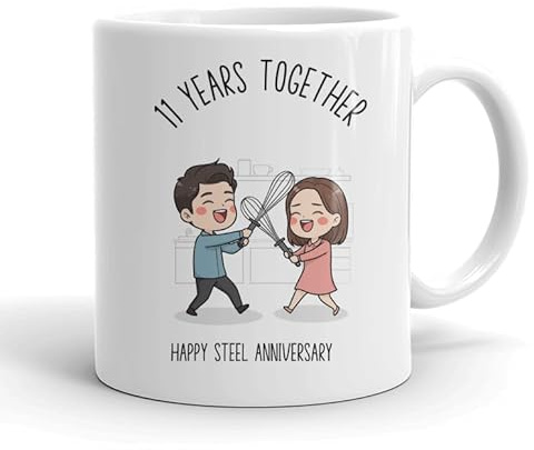 VIROSA 11 Years Steel Anniversary Mug – 11oz Ceramic Coffee Cup Gift for Husband, Wife, Couples – Eleventh Wedding Anniversary Present Idea, Romantic Keepsake